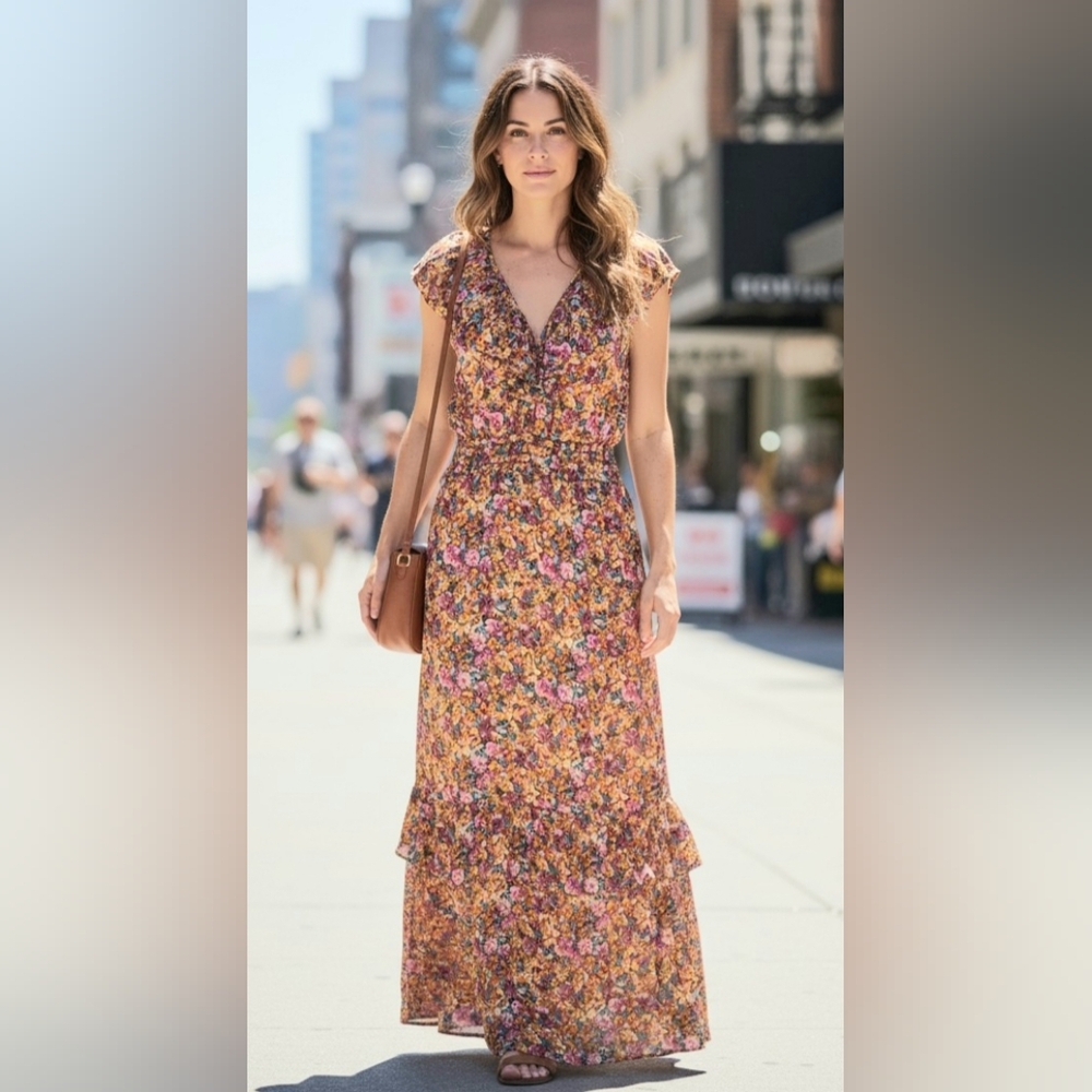 Lavender Brown Floral Maxi Dress in Pink, Purple, and Brown